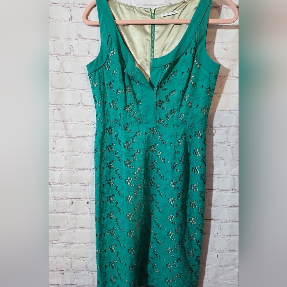 T Tahari Womens Green Gold Lace Midi Dress Sz 2 - Picture 2 of 7